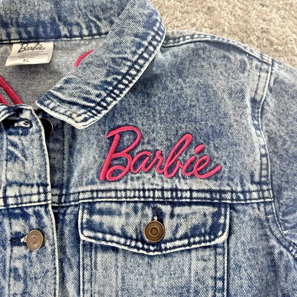 Mattel Barbie Blue Acid Wash Denim Trucker Jacket  Adult Youth XL Barbiecore Y2K